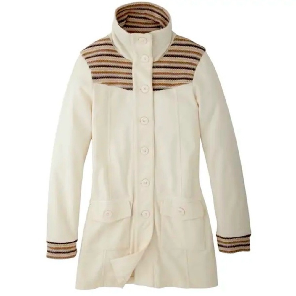 Prana Cream Pea Coat with Brown and Black Striped Yoke